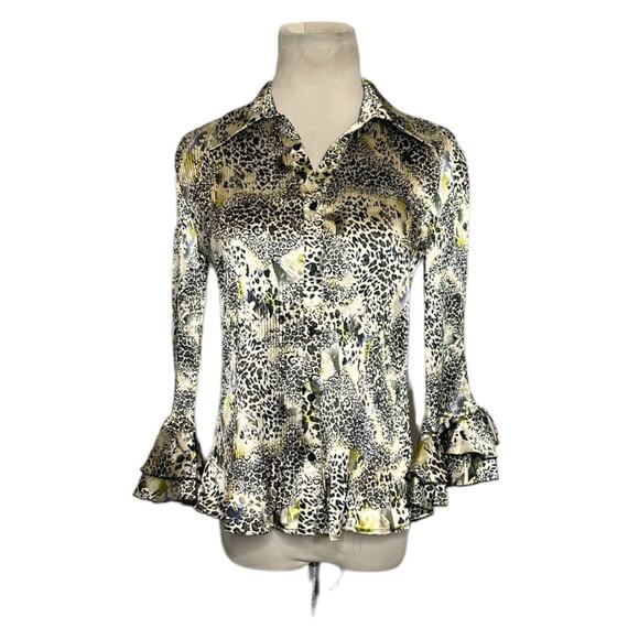 Essentials by Milano animal print pleated button blouse size Small - Picture 1 of 10